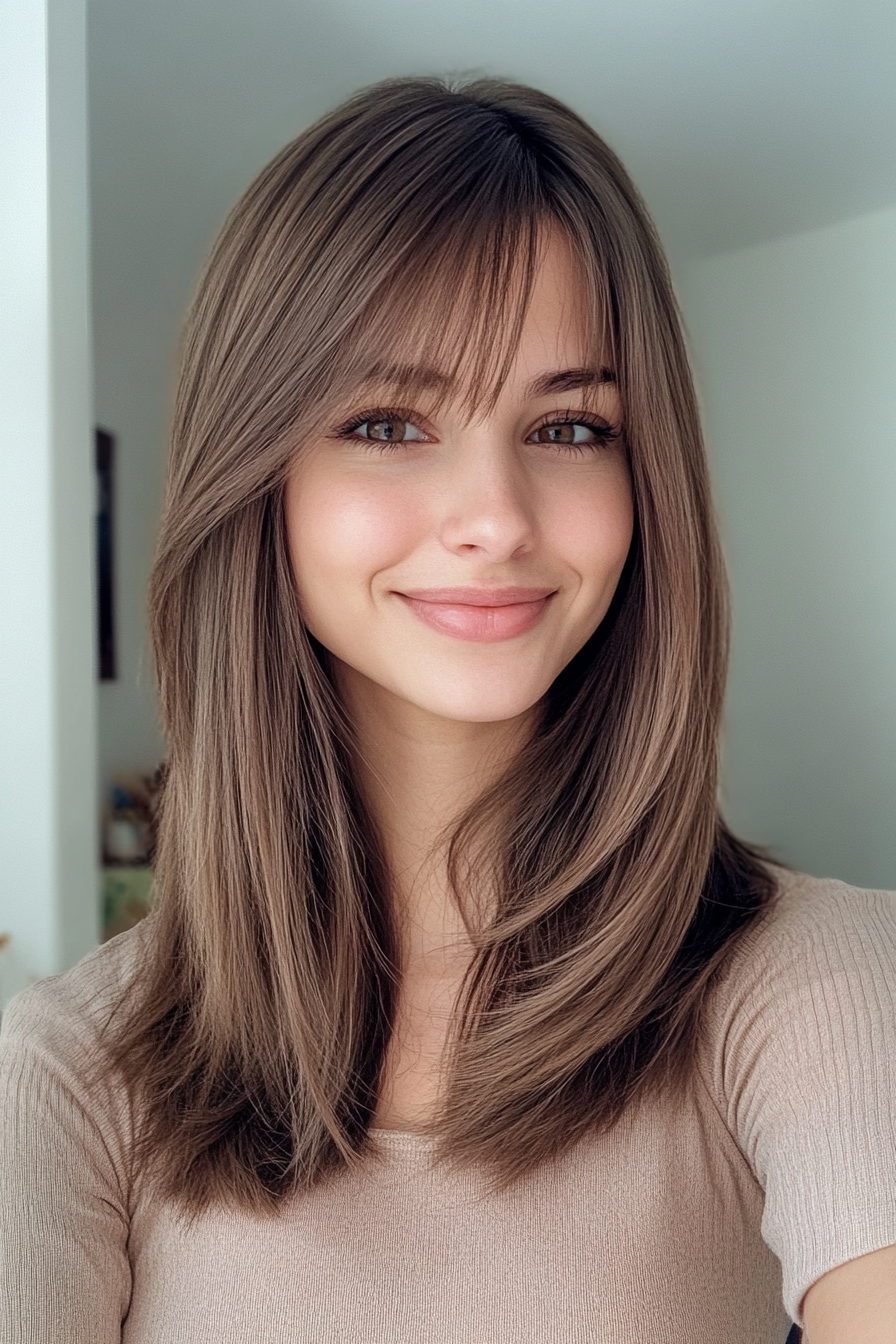15. Straight Cut with Ash Brown (Medium Length Haircuts With Bangs) - Medium Length Haircuts With Bangs