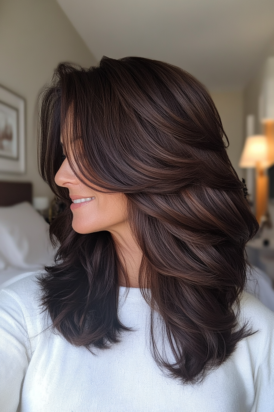 16. Tousled Layers with Dark Mahogany Brown (Medium Length Haircuts With Bangs) - Medium Length Haircuts With Bangs