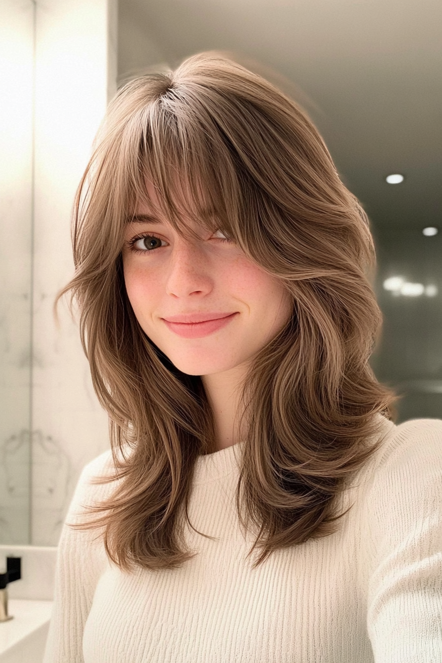 17. Modern Mullet with Soft Brown (Medium Length Haircuts With Bangs) - Medium Length Haircuts With Bangs