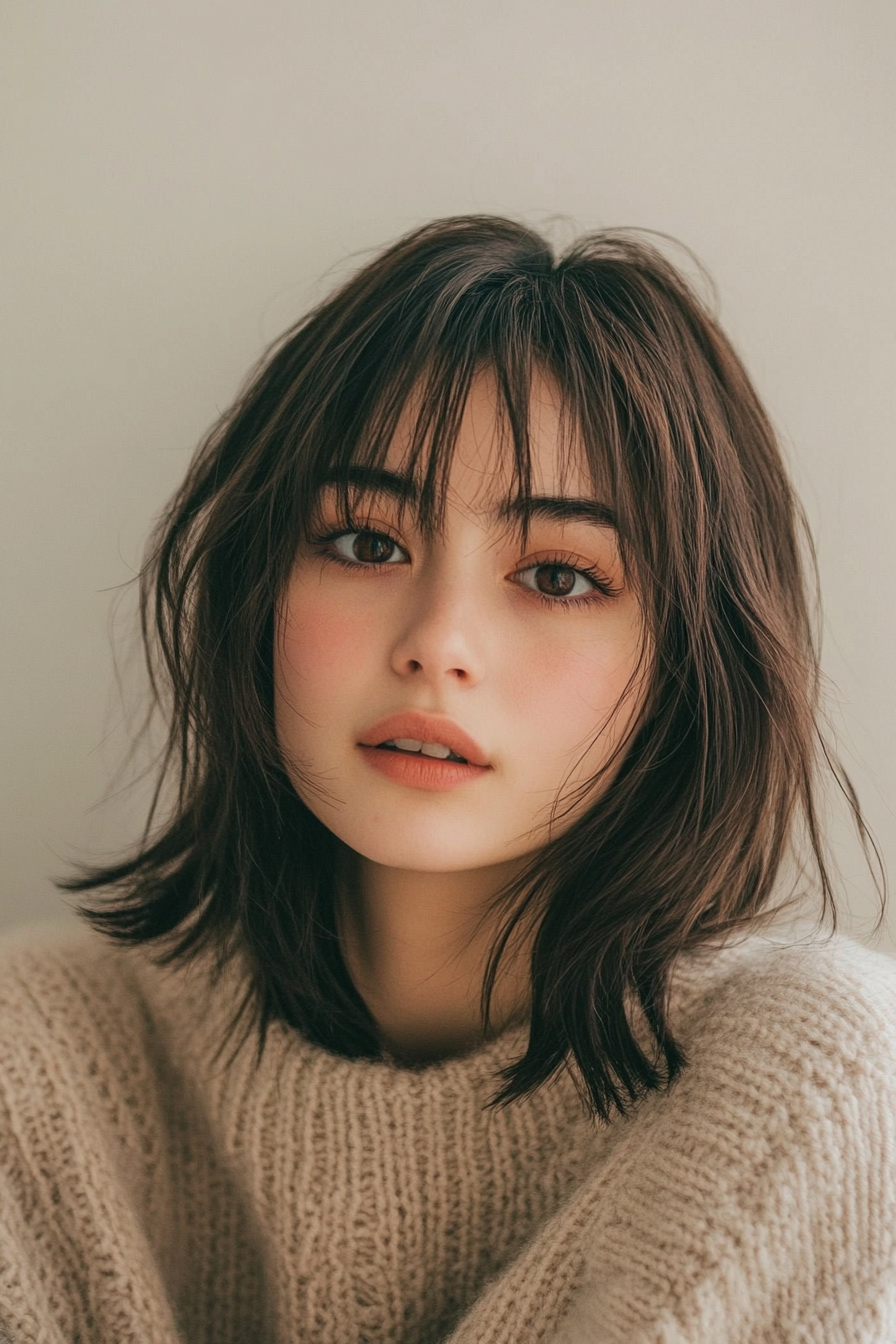 18. Textured Bob with Sandy Brown (Medium Length Haircuts With Bangs) - Medium Length Haircuts With Bangs