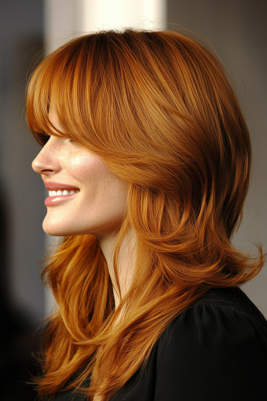19. Voluminous Cut with Golden Auburn (Medium Length Haircuts With Bangs) - Medium Length Haircuts With Bangs