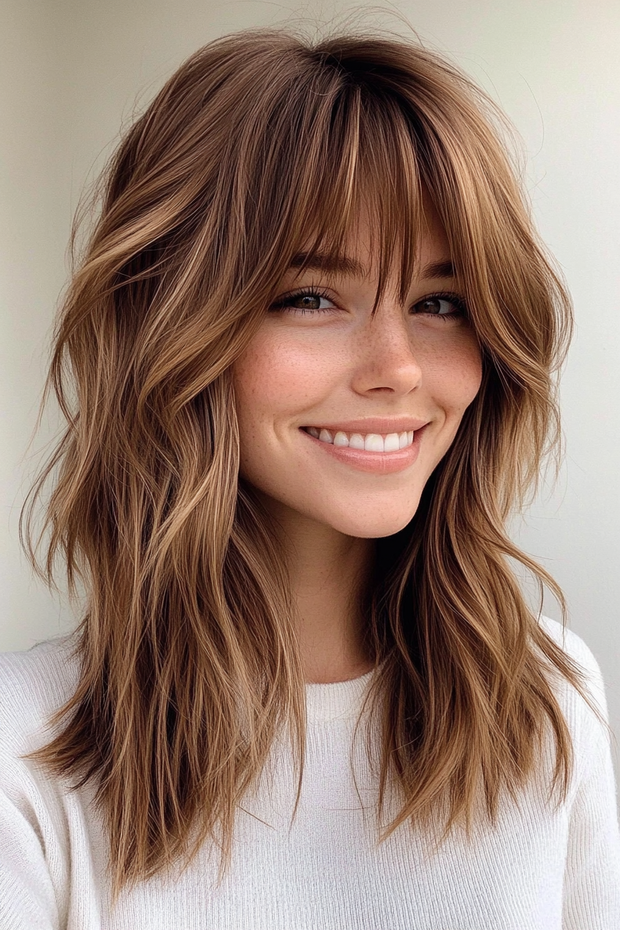 20. Boho Layers with Medium Brown (Medium Length Haircuts With Bangs) - Medium Length Haircuts With Bangs