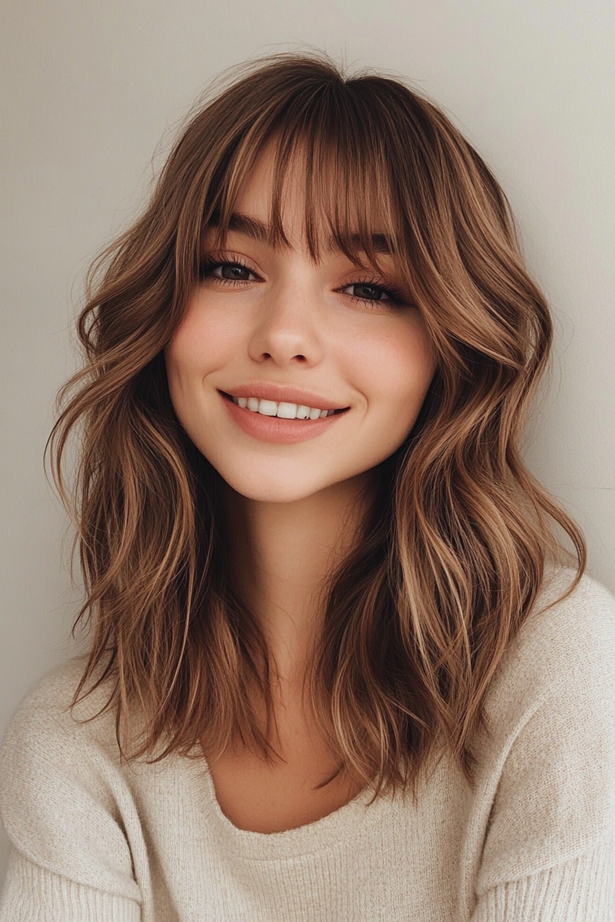 21. Wavy Curtain Bangs with Mocha Brown (Medium Length Haircuts With Bangs) - Medium Length Haircuts With Bangs