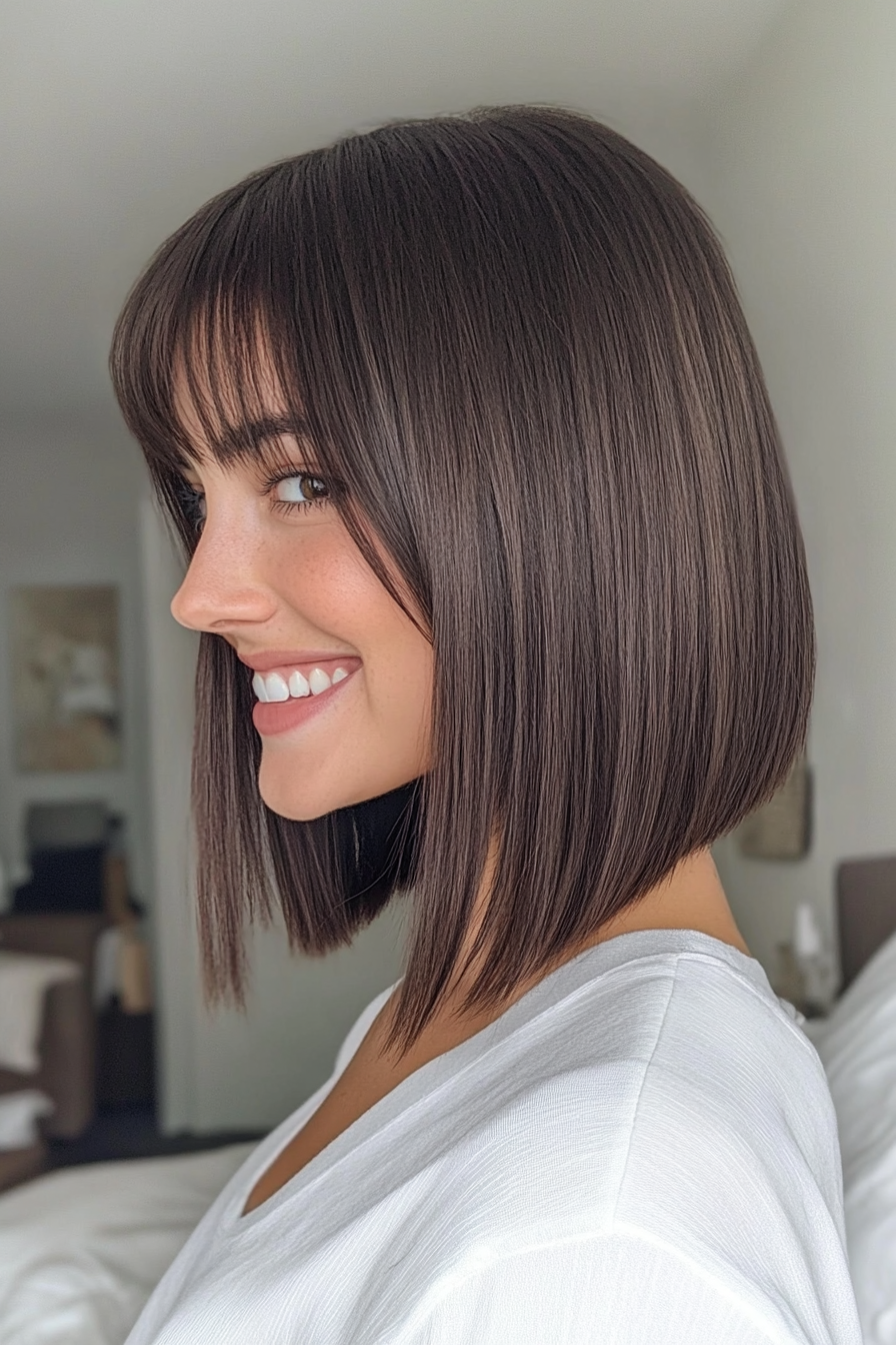 22. Sleek A-Line Lob with Dark Brown (Medium Length Haircuts With Bangs) - Medium Length Haircuts With Bangs