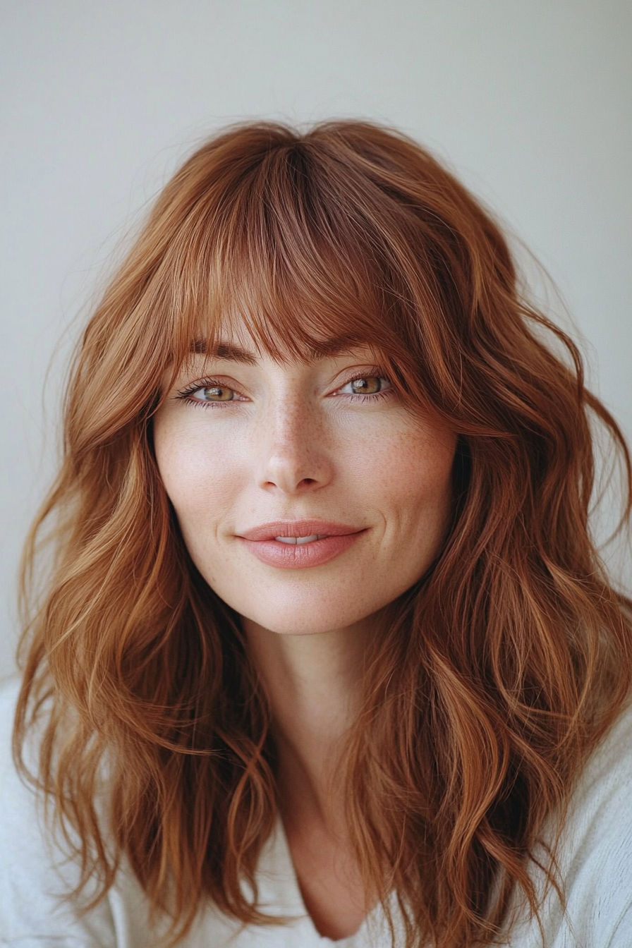 23. Romantic Waves with Warm Auburn Brown (Medium Length Haircuts With Bangs) - Medium Length Haircuts With Bangs