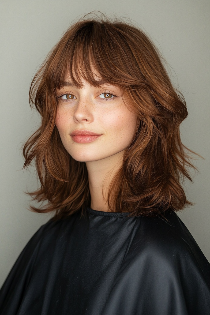 24. Edgy Layers with Dark Cinnamon Brown (Medium Length Haircuts With Bangs) - Medium Length Haircuts With Bangs