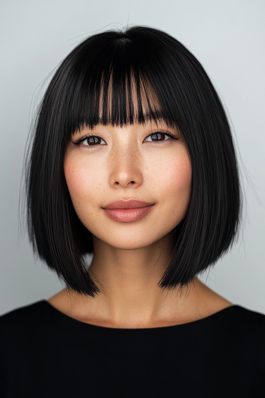 26. Sculpted Lob with Jet Black (Medium Length Haircuts With Bangs) - Medium Length Haircuts With Bangs