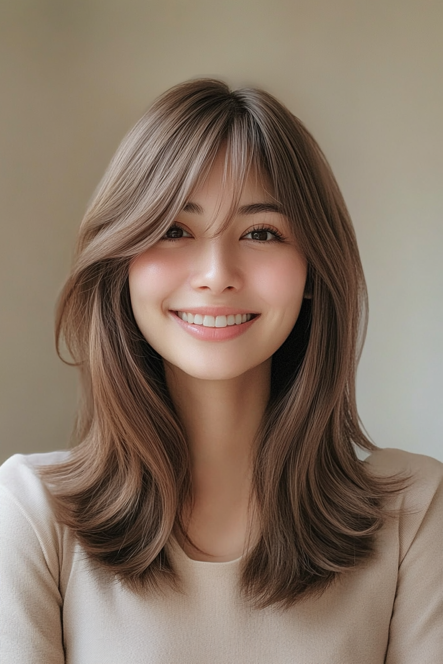 27. Soft Blunt Lob with Hazelnut Brown (Medium Length Haircuts With Bangs) - Medium Length Haircuts With Bangs