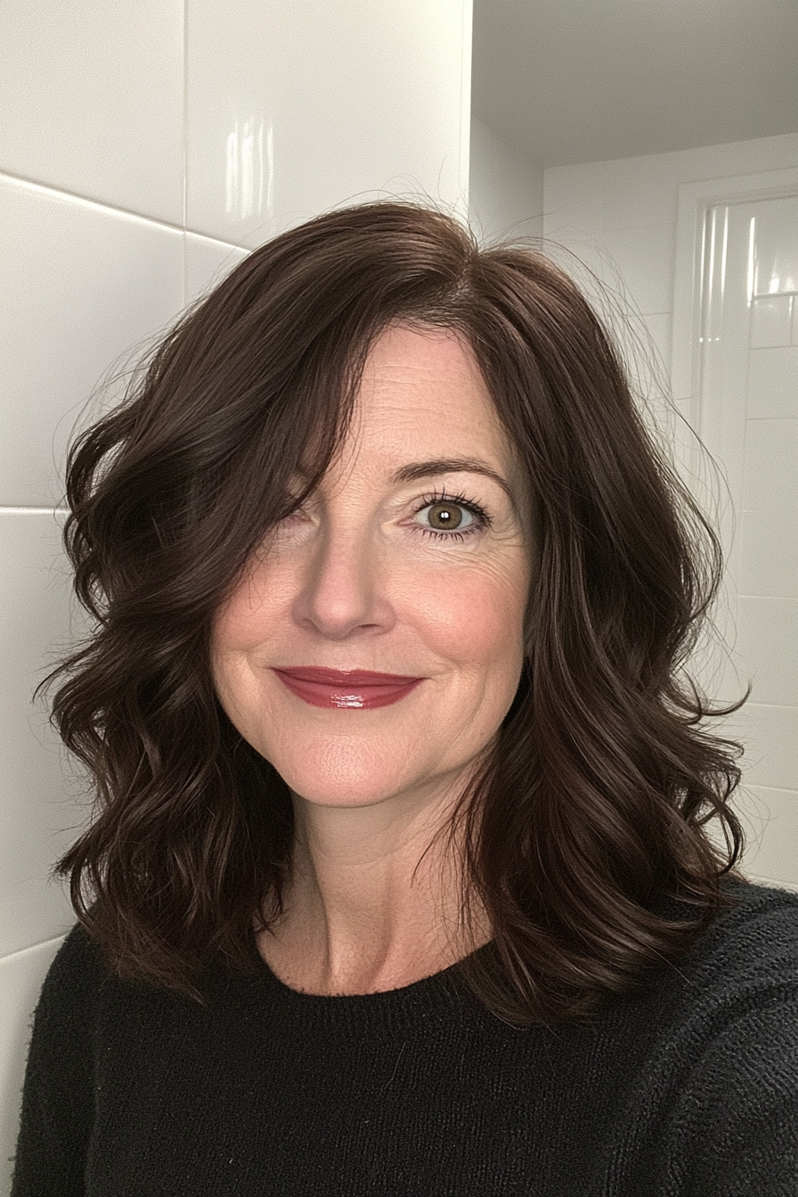 8. Wavy Mid-Length Cut in Dark Mahogany (Modern Hairstyles For Women Over 50) - Modern Hairstyles For Women Over 50