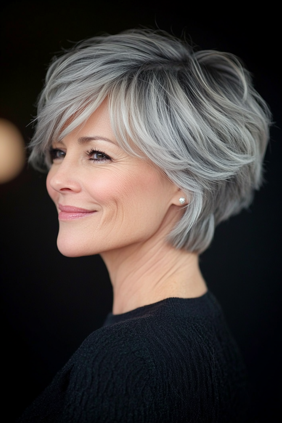 9. Layered Pixie with Side-Swept Bangs in Cool Gray (Modern Hairstyles For Women Over 50) - Modern Hairstyles For Women Over 50