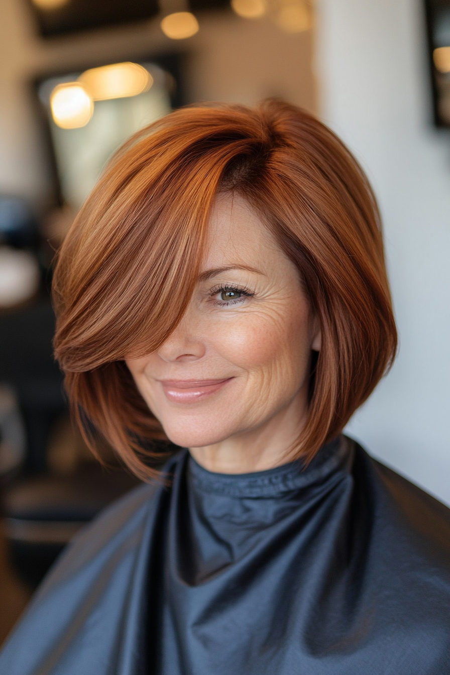 11. Sleek Asymmetrical Bob in Warm Auburn (Modern Hairstyles For Women Over 50) - Modern Hairstyles For Women Over 50