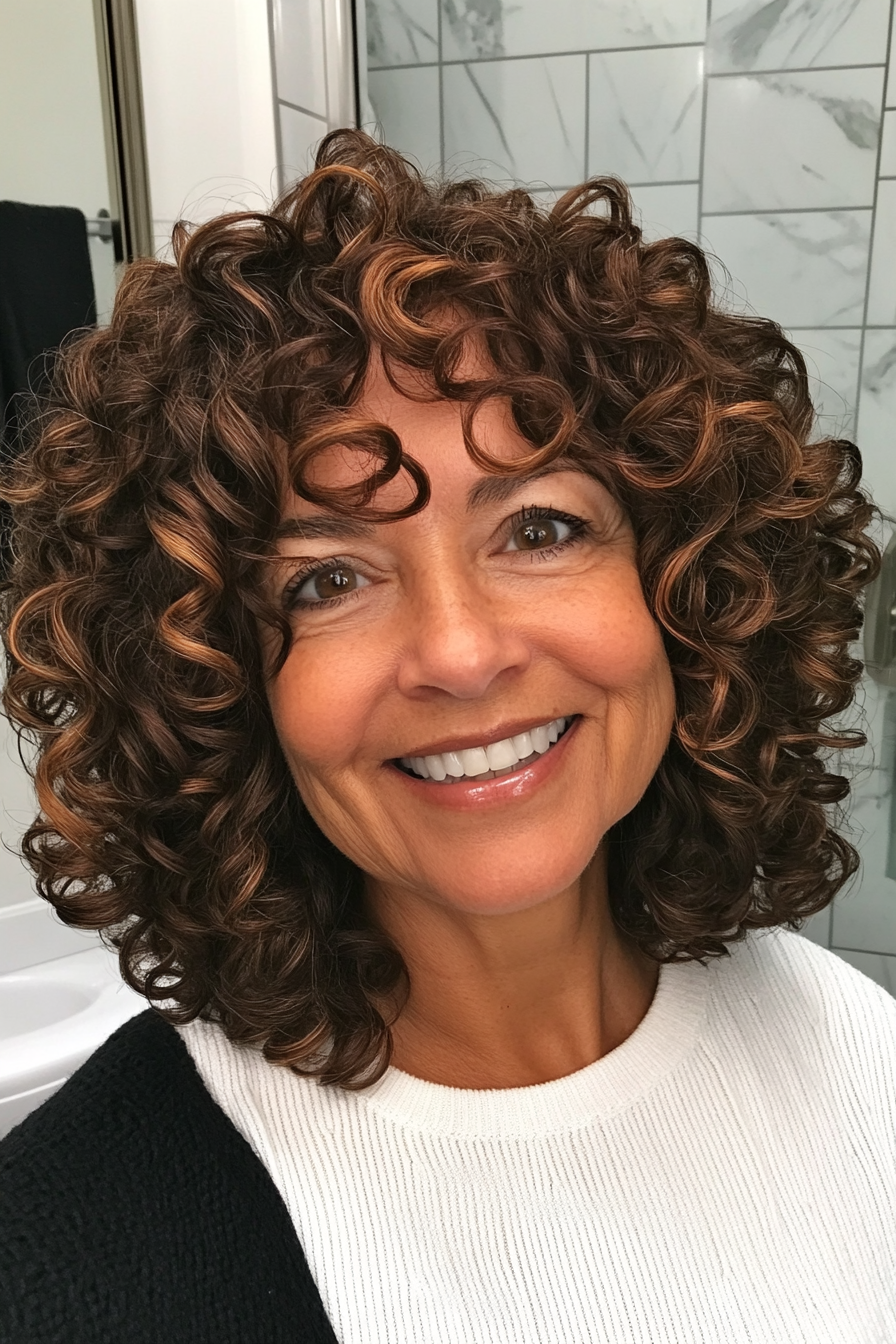 13. Curly Lob in Dark Caramel Brown (Modern Hairstyles For Women Over 50) - Modern Hairstyles For Women Over 50