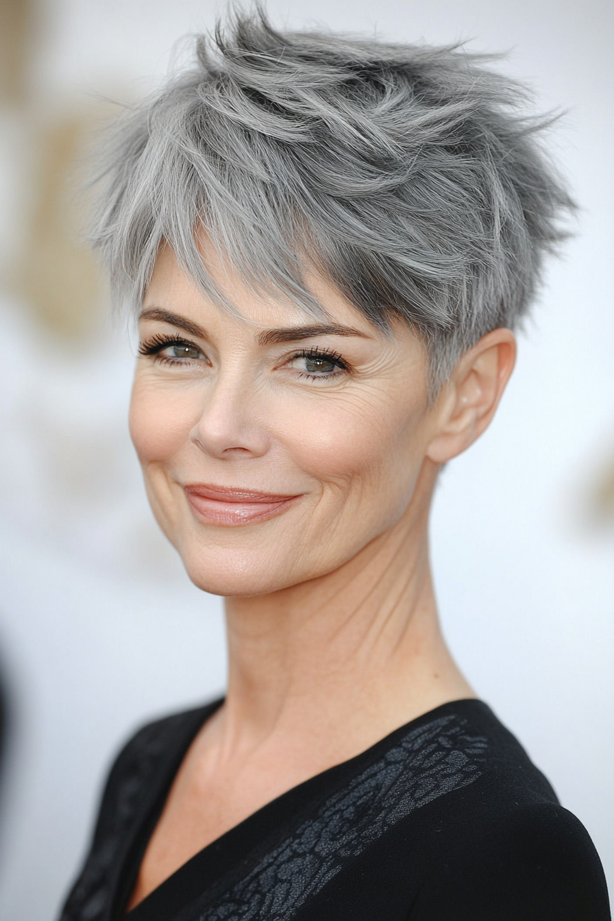 14. Textured Pixie with Wispy Bangs in Charcoal Gray (Modern Hairstyles For Women Over 50) - Modern Hairstyles For Women Over 50