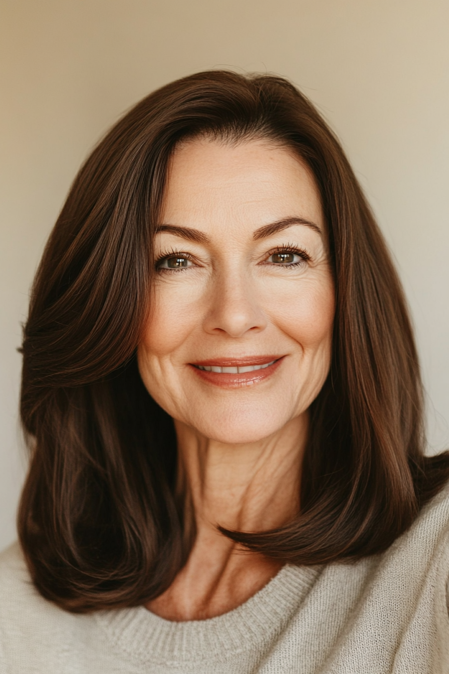 16. Side-Parted Medium-Length Cut in Chocolate Brown (Modern Hairstyles For Women Over 50) - Modern Hairstyles For Women Over 50