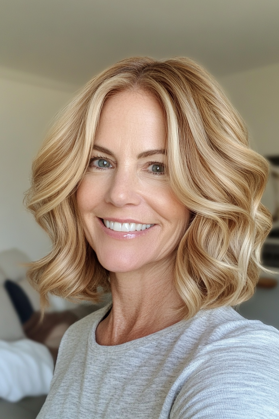 18. Chin-Length Wavy Bob in Medium Golden Blonde (Modern Hairstyles For Women Over 50) - Modern Hairstyles For Women Over 50