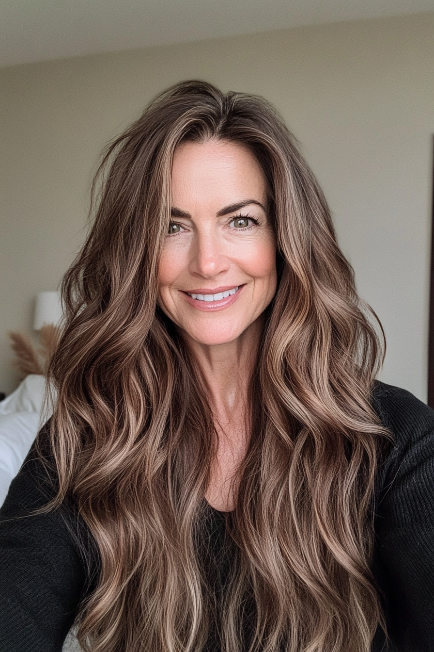 21. Long Soft Waves in Deep Brown with Subtle Highlights (Modern Hairstyles For Women Over 50) - Modern Hairstyles For Women Over 50