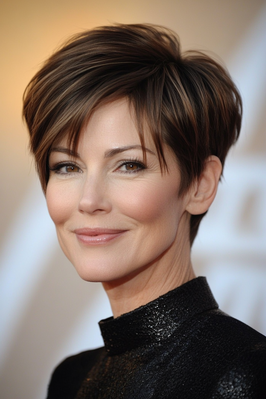 25. Pixie with Longer Crown Layers in Cool Brunette (Modern Hairstyles For Women Over 50) - Modern Hairstyles For Women Over 50
