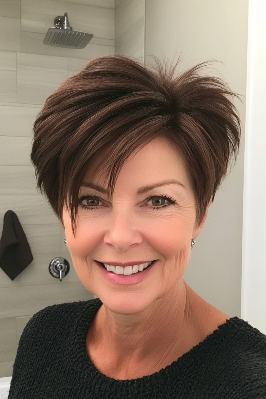 1. Soft Feathered Pixie in Dark Brown (Pixie Haircuts For Women Over 50) - Pixie Haircuts For Women Over 50
