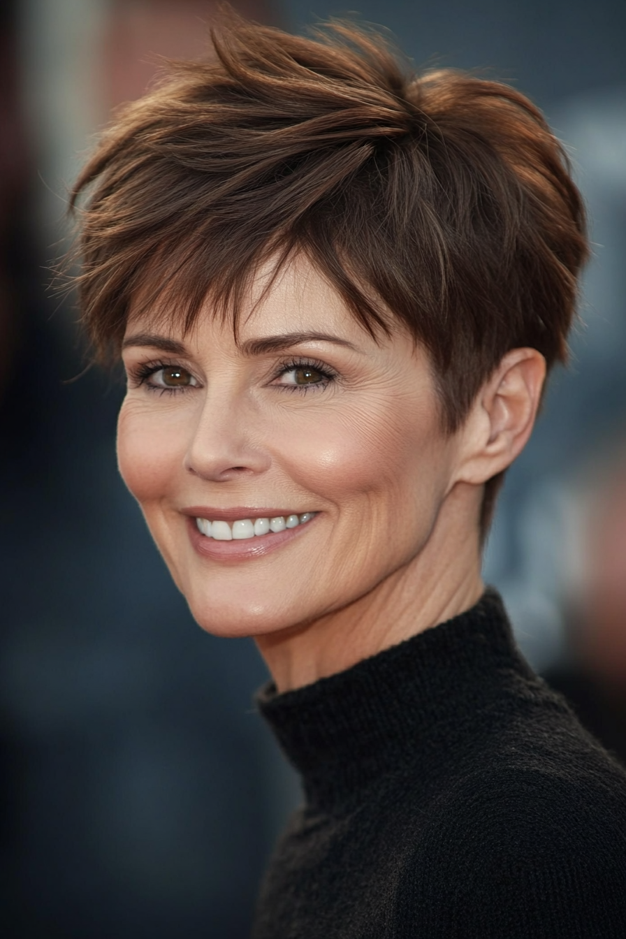 5. Choppy Pixie with Soft Undercut in Warm Chestnut Brown (Pixie Haircuts For Women Over 50) - Pixie Haircuts For Women Over 50