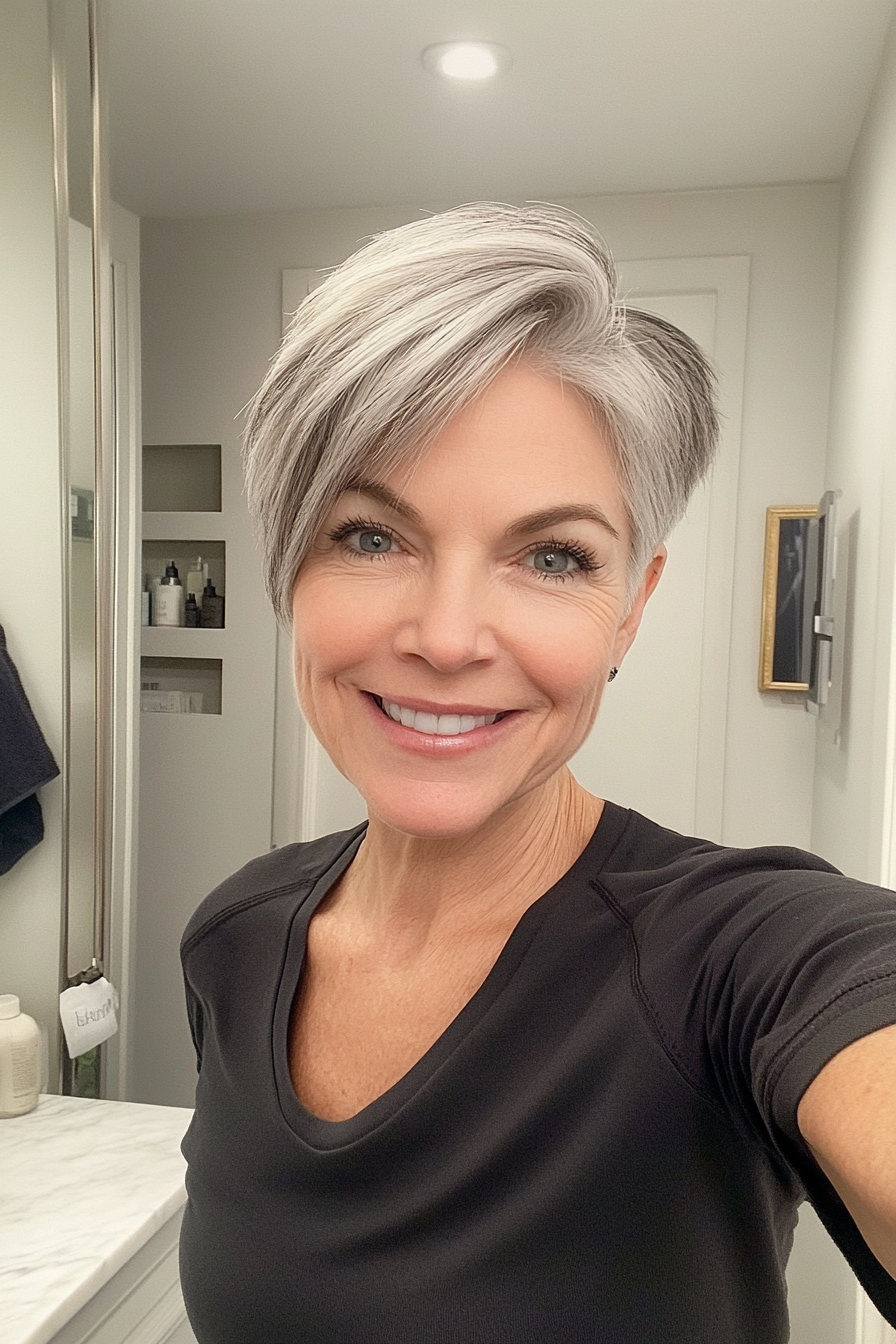 8. Sleek Side-Parted Pixie in Salt-and-Pepper Blend (Pixie Haircuts For Women Over 50) - Pixie Haircuts For Women Over 50