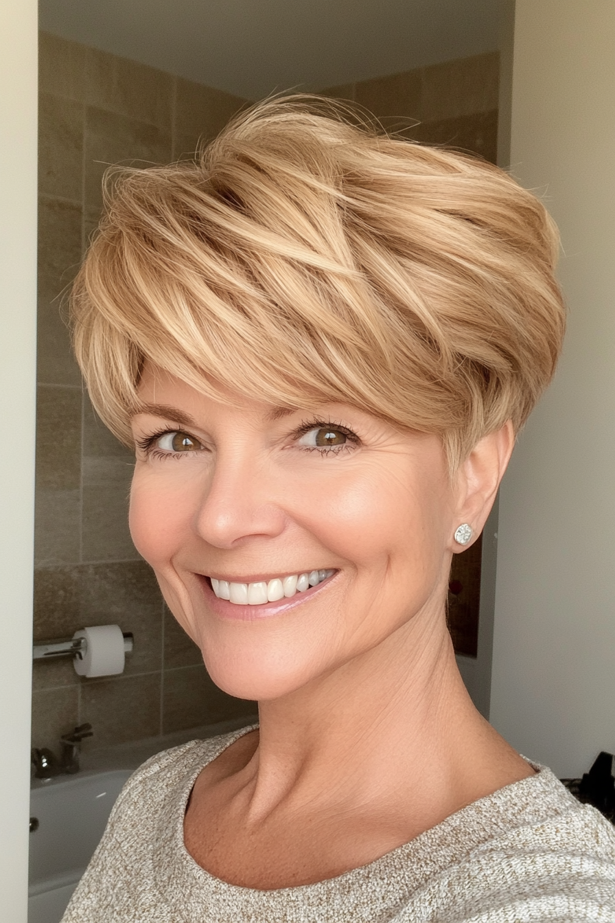 9. Layered Crop with Volume in Golden Blonde (Pixie Haircuts For Women Over 50) - Pixie Haircuts For Women Over 50