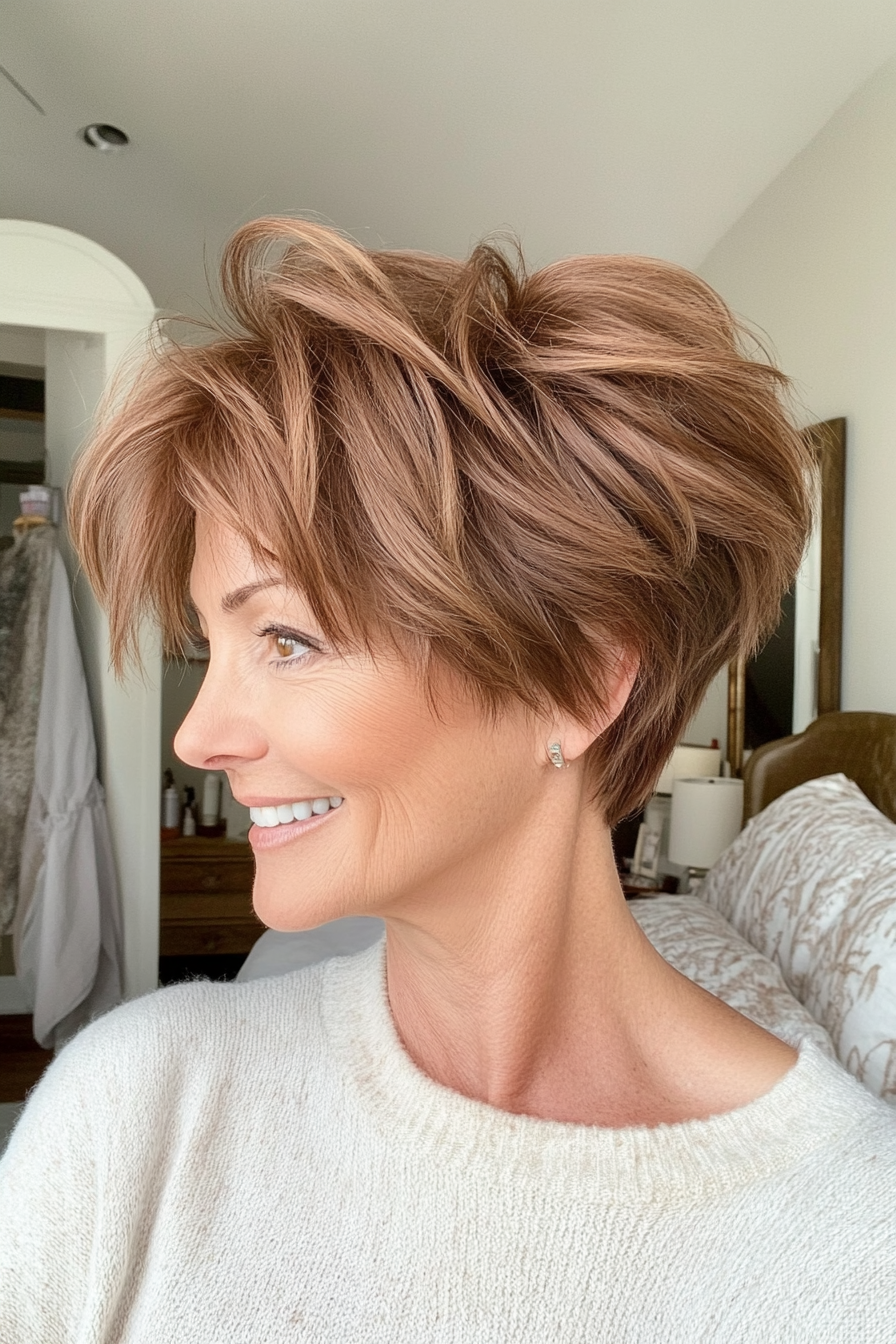 10. Messy Pixie with Piecey Layers in Soft Caramel Brown (Pixie Haircuts For Women Over 50) - Pixie Haircuts For Women Over 50