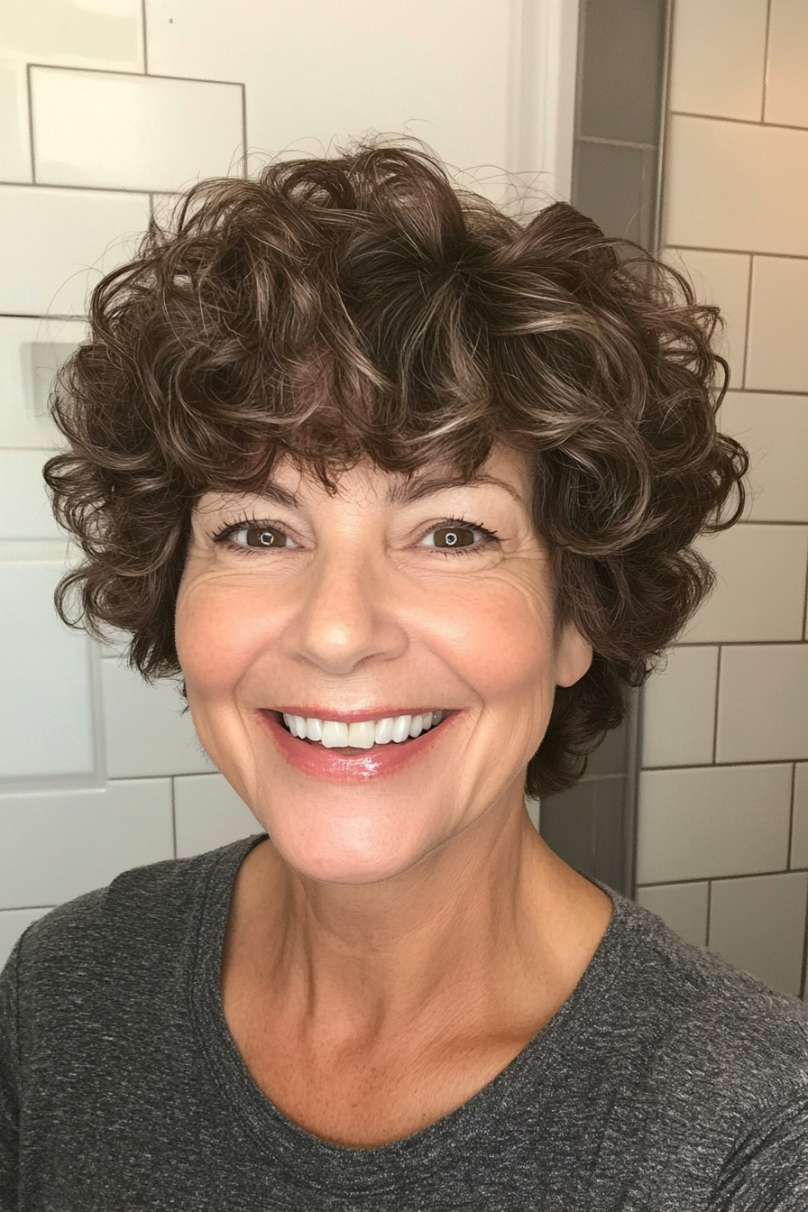 13. Curly Pixie with Natural Volume in Medium Brown (Pixie Haircuts For Women Over 50) - Pixie Haircuts For Women Over 50