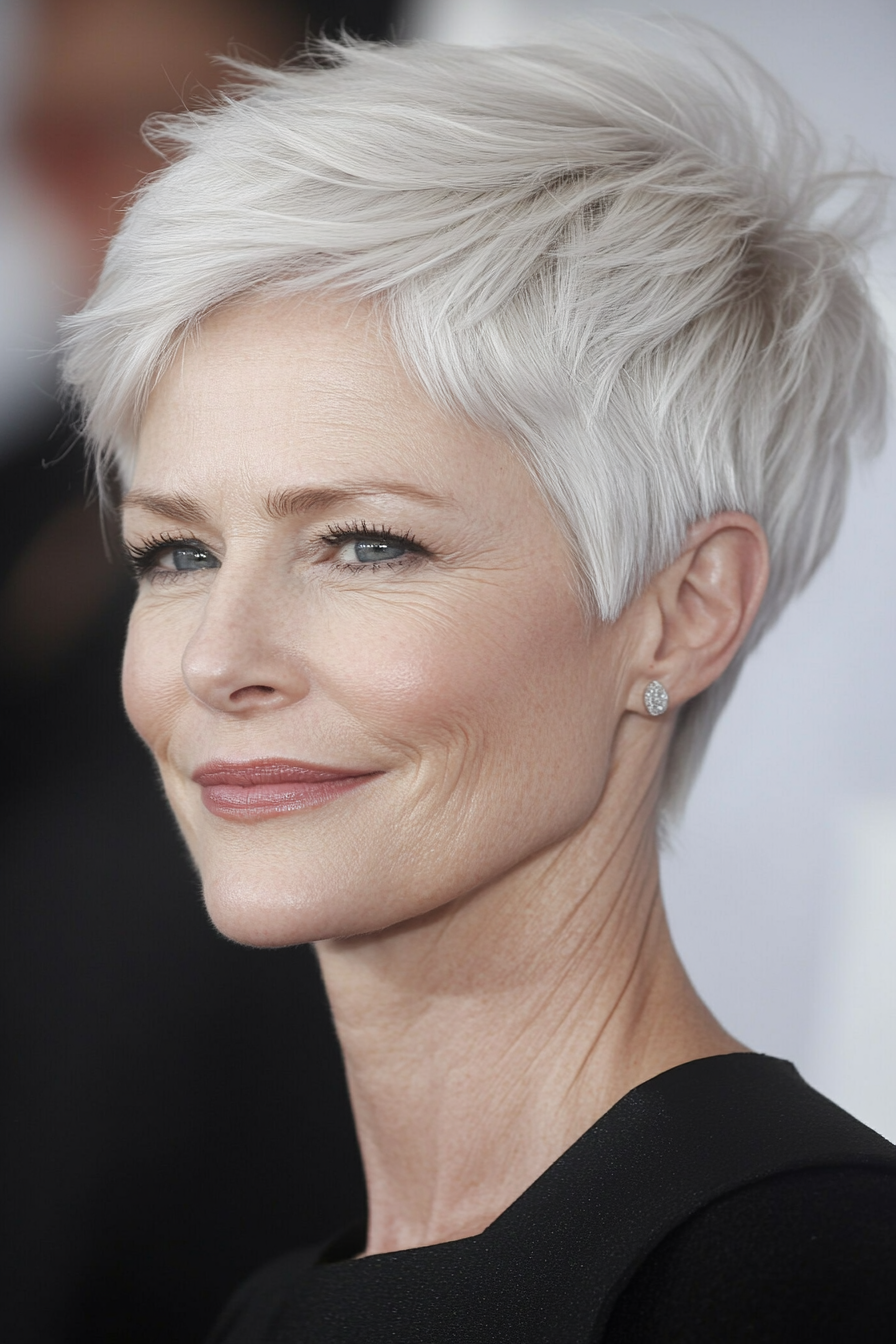 14. Swooped Pixie with Tapered Sides in Icy White (Pixie Haircuts For Women Over 50) - Pixie Haircuts For Women Over 50