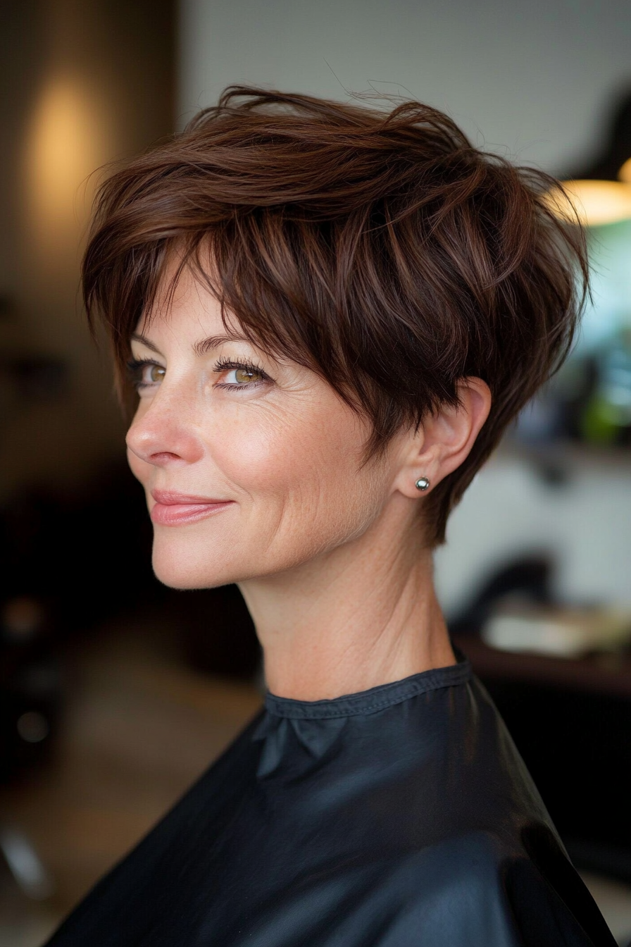15. Short Asymmetrical Pixie in Rich Espresso Brown (Pixie Haircuts For Women Over 50) - Pixie Haircuts For Women Over 50