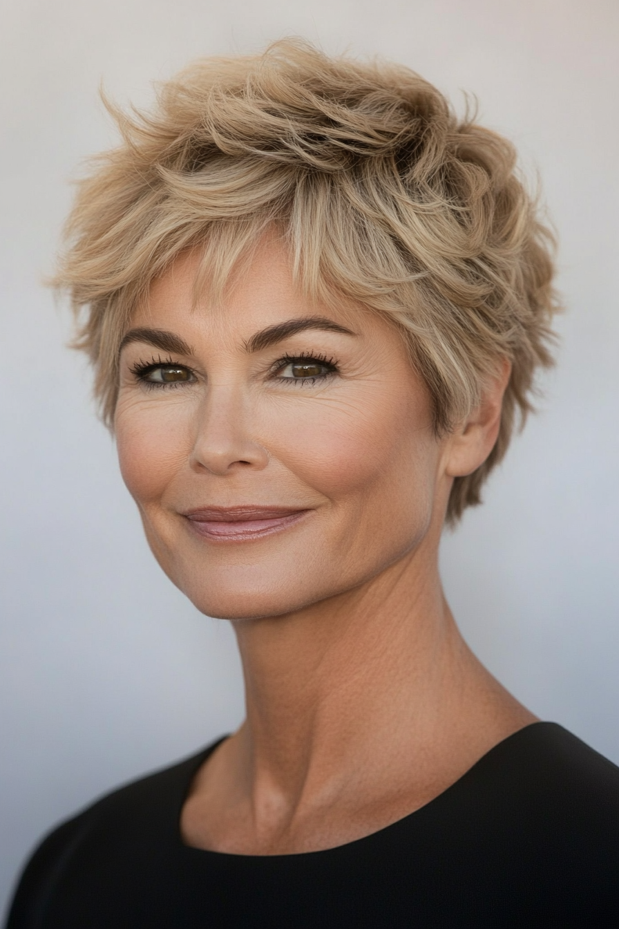 18. Tousled Pixie with Crown Volume in Warm Honey Blonde (Pixie Haircuts For Women Over 50) - Pixie Haircuts For Women Over 50