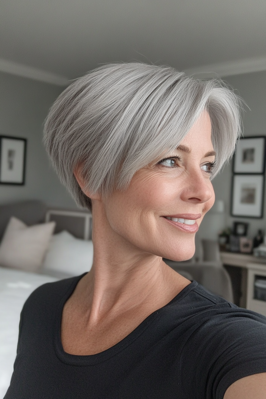 19. Sleek Pixie with Blunt Bangs in Natural Gray (Pixie Haircuts For Women Over 50) - Pixie Haircuts For Women Over 50