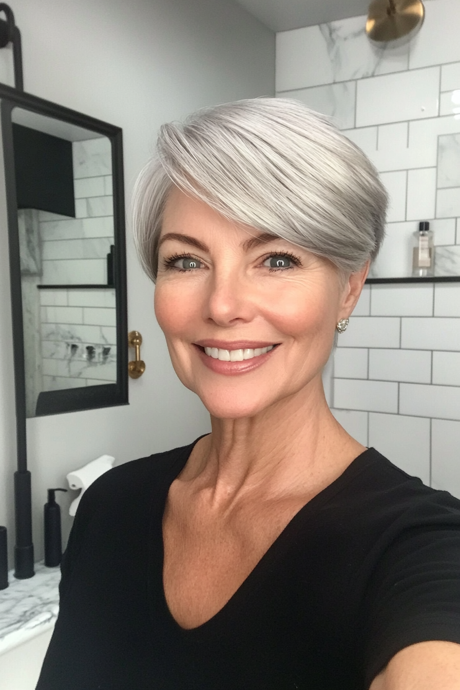 23. Side-Parted Classic Pixie in Silver Blonde (Pixie Haircuts For Women Over 50) - Pixie Haircuts For Women Over 50