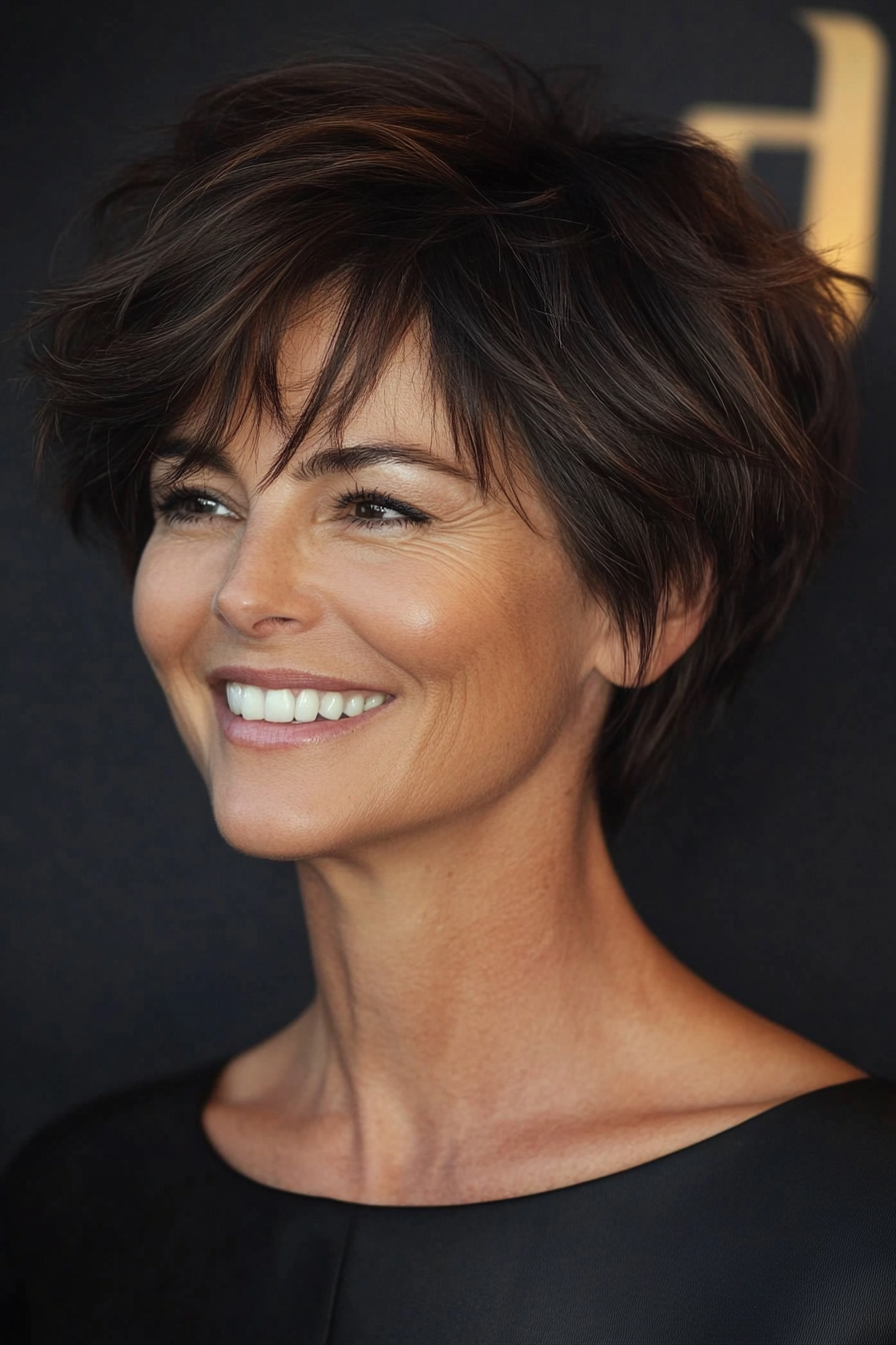 24. Shaggy Pixie with Uneven Layers in Dark Mahogany Brown (Pixie Haircuts For Women Over 50) - Pixie Haircuts For Women Over 50