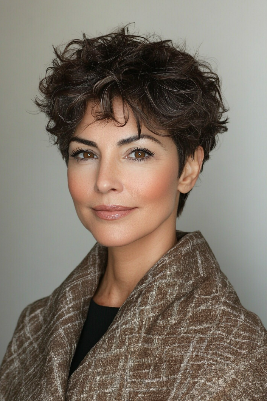 26. Curly Cropped Pixie in Dark Cocoa Brown (Pixie Haircuts For Women Over 50) - Pixie Haircuts For Women Over 50