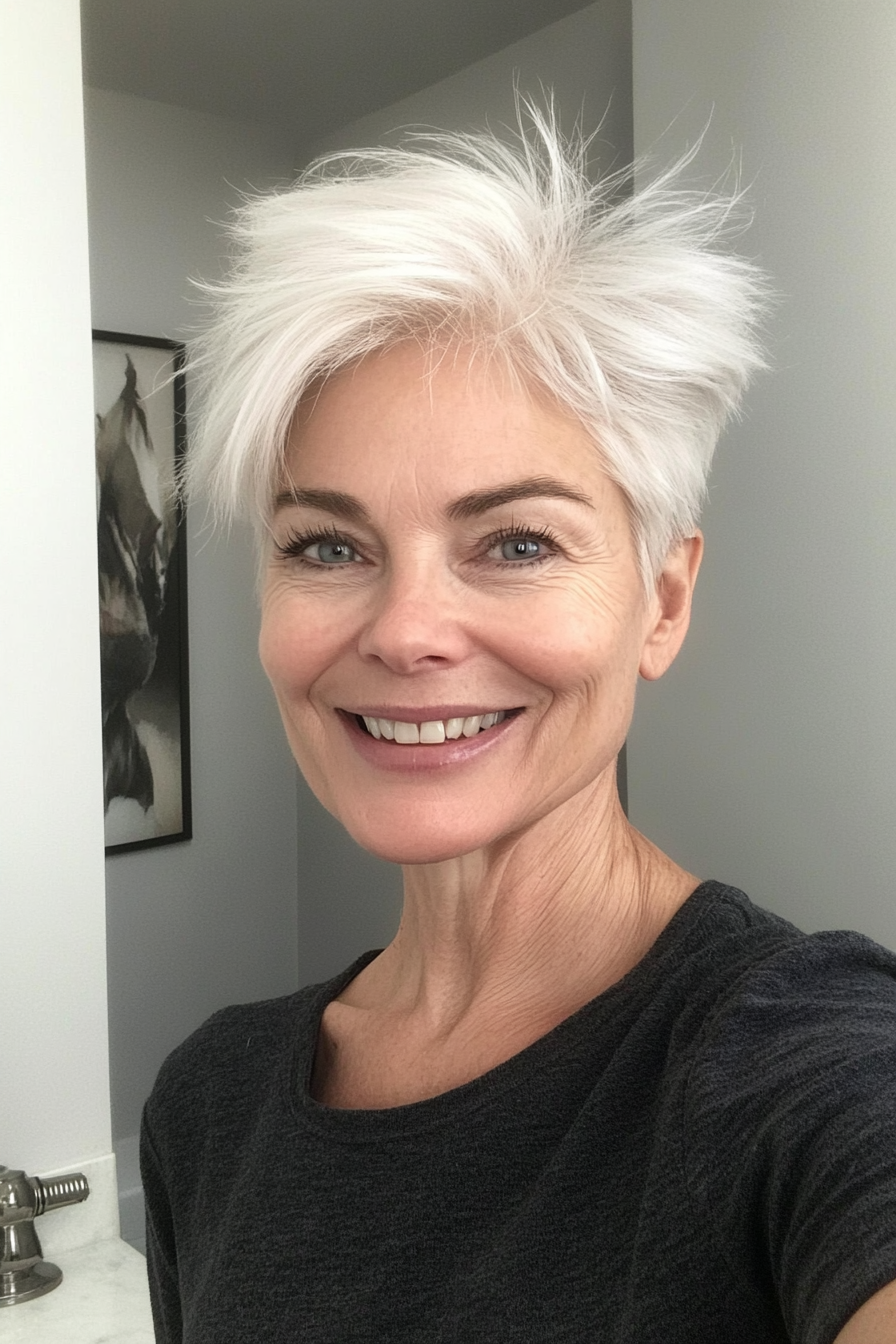 27. Voluminous Pixie with Lifted Crown in Natural White (Pixie Haircuts For Women Over 50) - Pixie Haircuts For Women Over 50