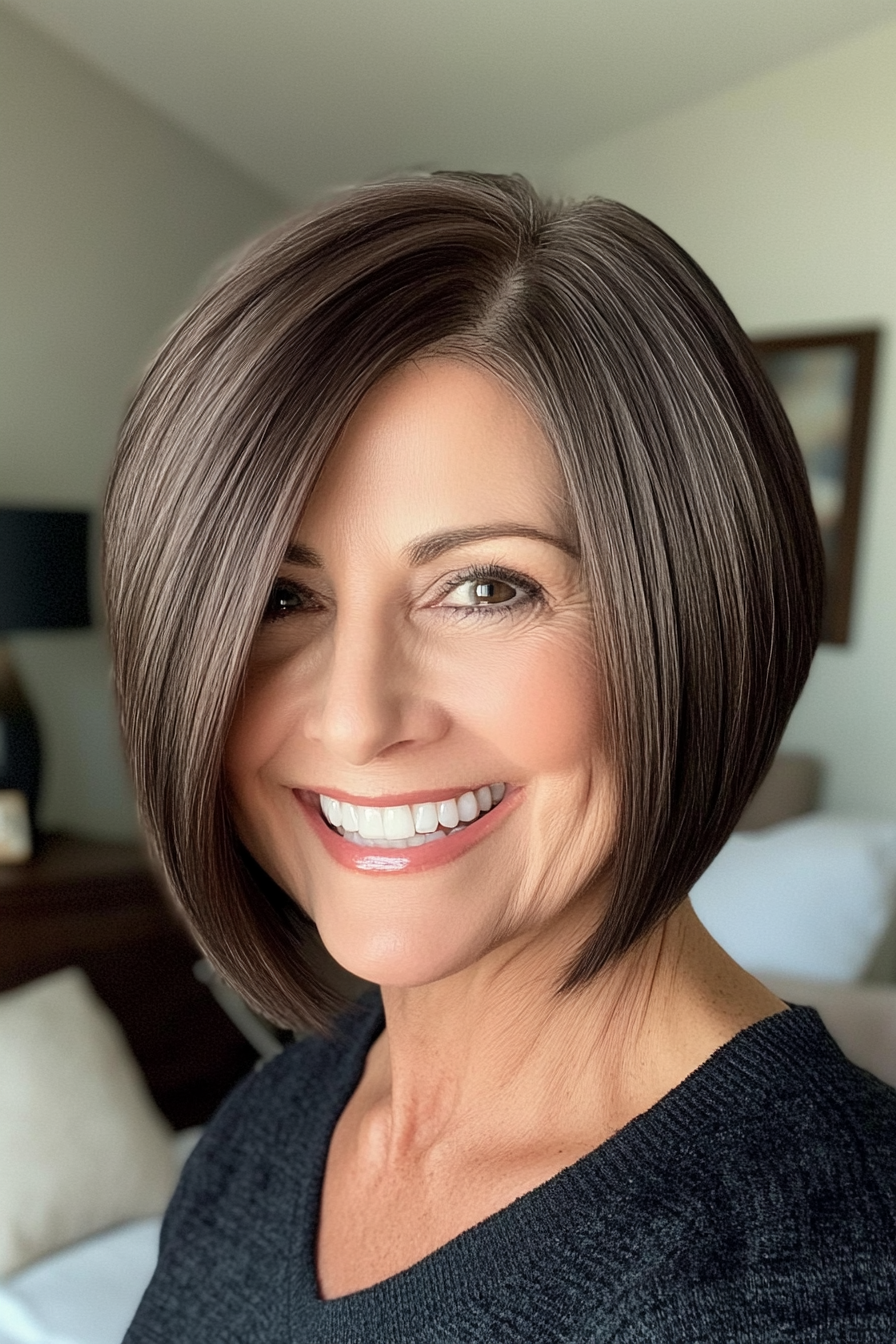 7. Sleek Angled Bob in Dark Mocha (Short Hairstyles For Women Over 60 With Thin Hair) - Short Hairstyles For Women Over 60 With Thin Hair