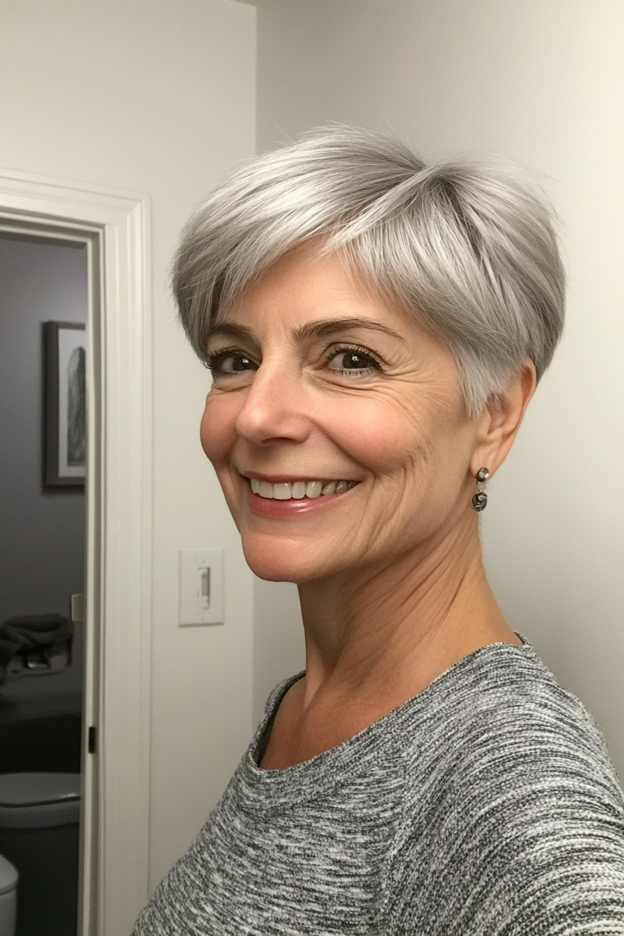 14. Layered Ear-Length Cut in Smoky Silver (Short Hairstyles For Women Over 60 With Thin Hair) - Short Hairstyles For Women Over 60 With Thin Hair