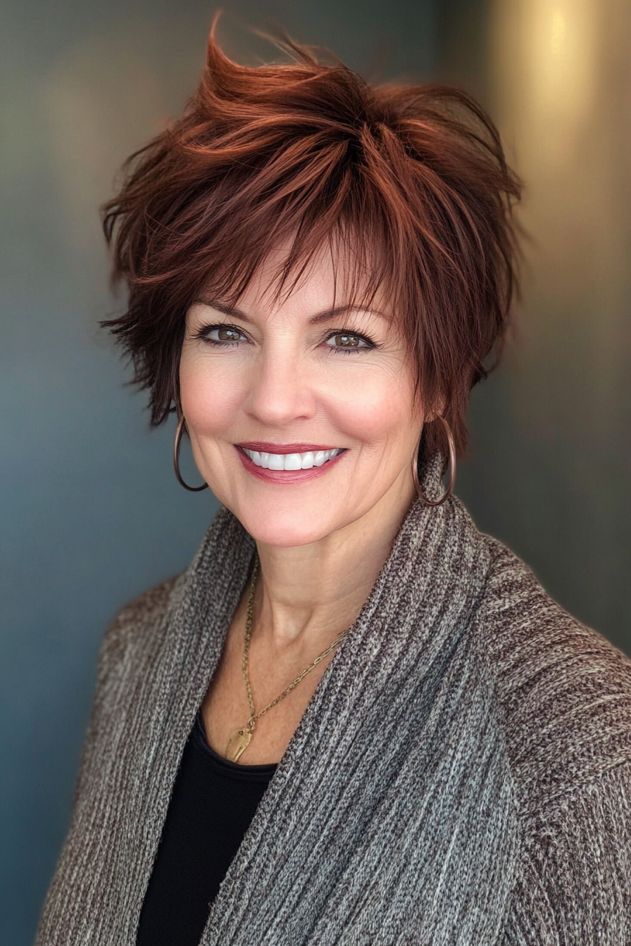 17. Mini Shag in Deep Mahogany (Short Hairstyles For Women Over 60 With Thin Hair) - Short Hairstyles For Women Over 60 With Thin Hair