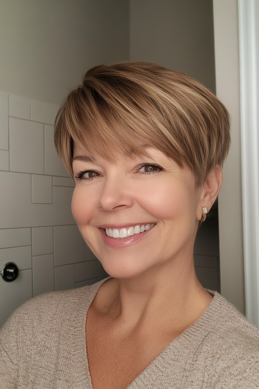 19. Pixie with Side Bangs in Honey Brown (Short Hairstyles For Women Over 60 With Thin Hair) - Short Hairstyles For Women Over 60 With Thin Hair