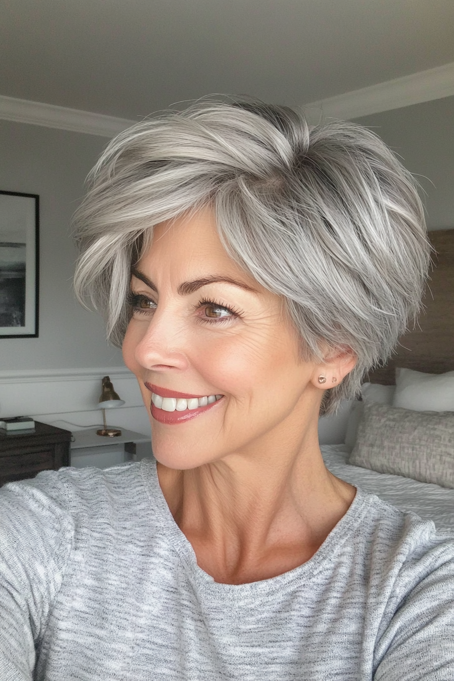 23. Textured Pixie with Layers in Silver Ash (Short Hairstyles For Women Over 60 With Thin Hair) - Short Hairstyles For Women Over 60 With Thin Hair