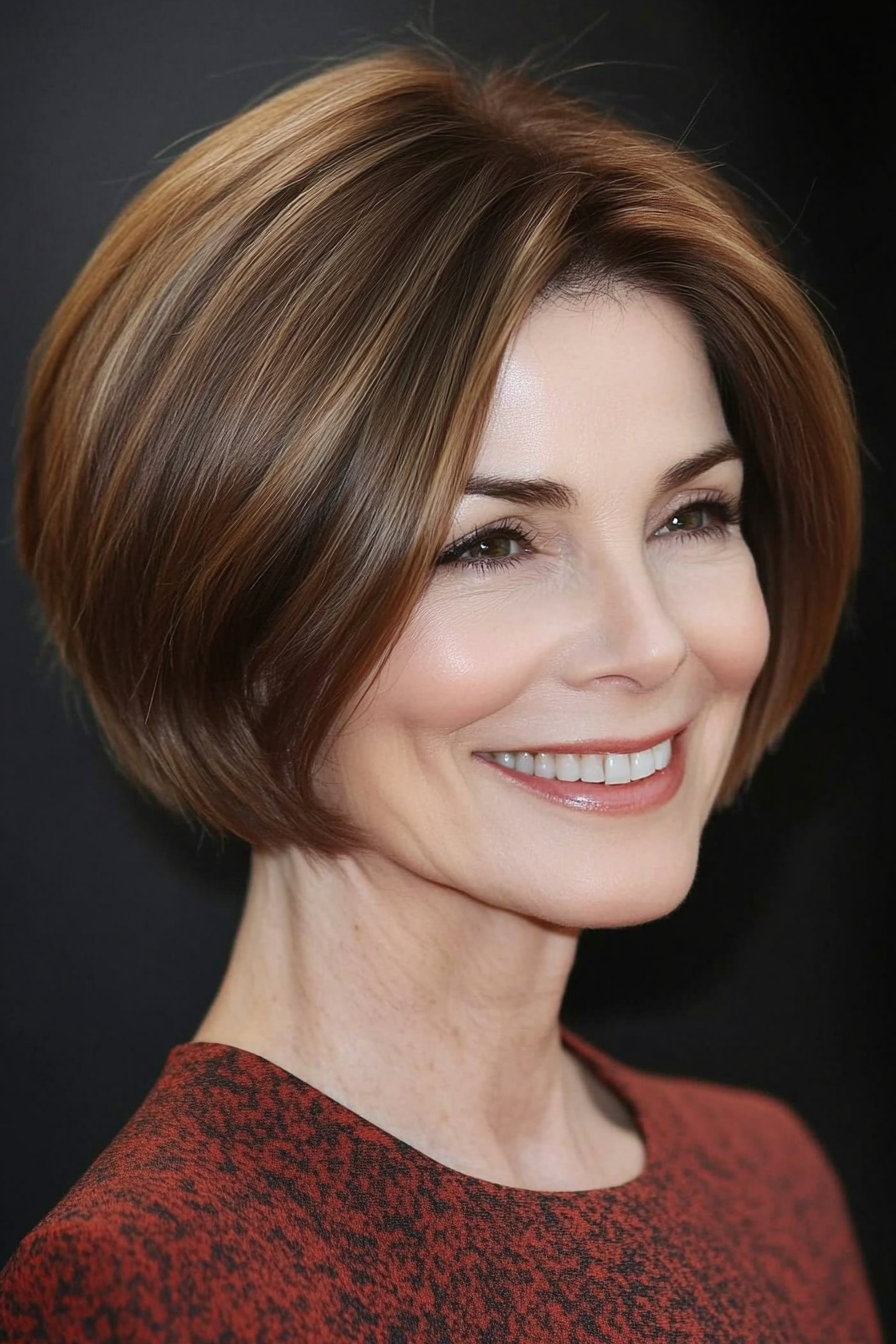 24. Tapered Bob in Cinnamon Brown (Short Hairstyles For Women Over 60 With Thin Hair) - Short Hairstyles For Women Over 60 With Thin Hair