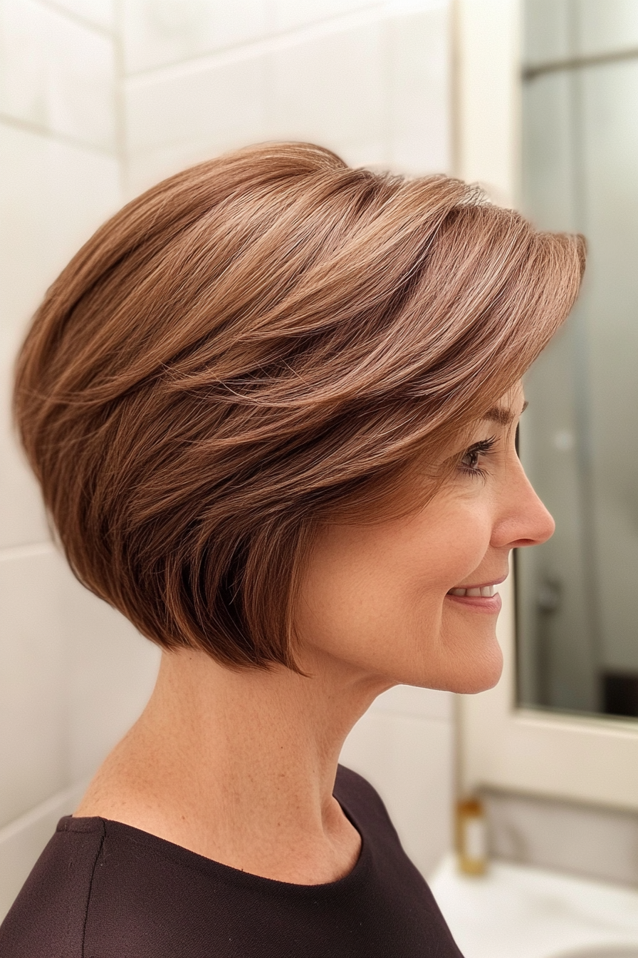 27. Short Layered Bob in Soft Chestnut Brown (Short Hairstyles For Women Over 60 With Thin Hair) - Short Hairstyles For Women Over 60 With Thin Hair