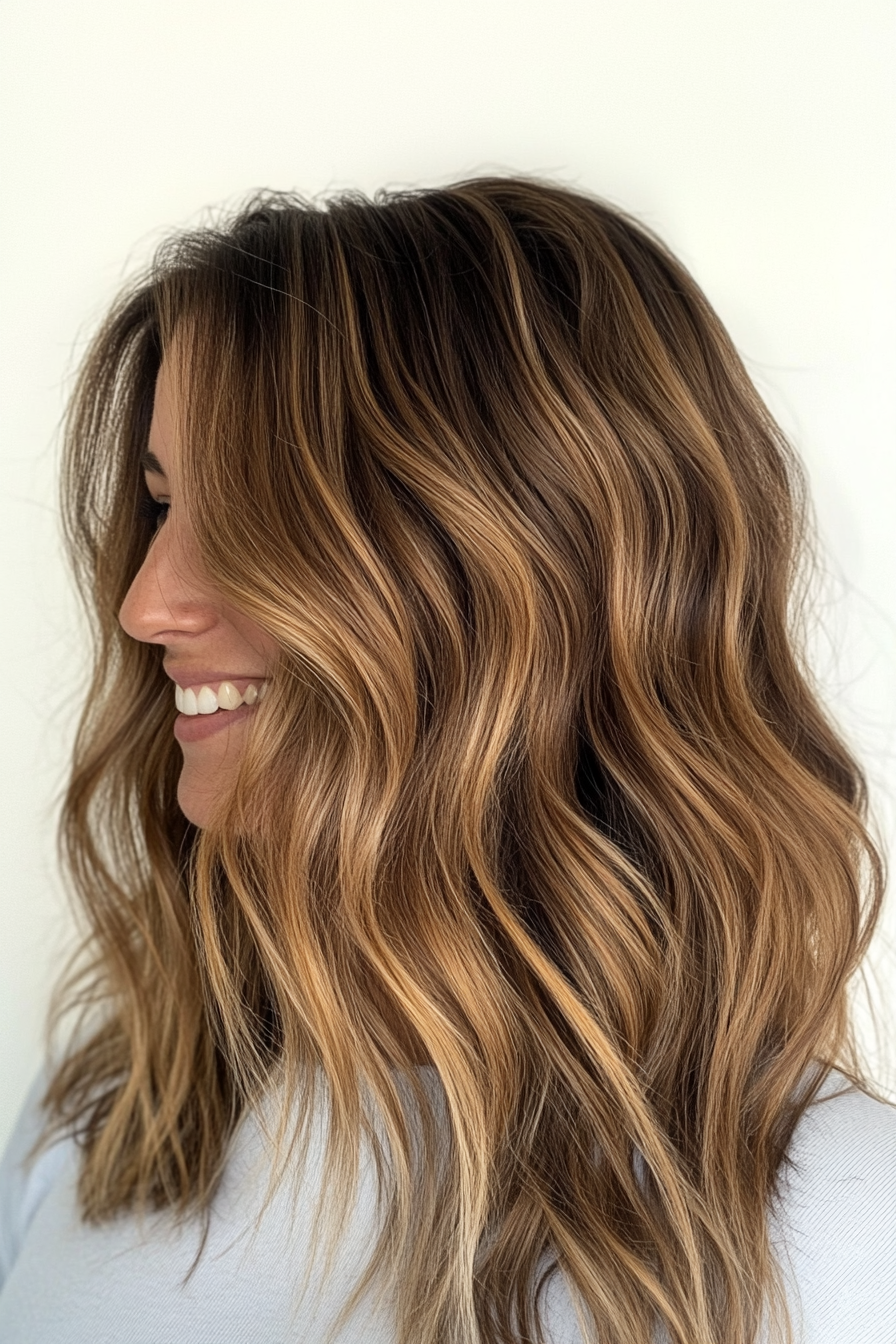 27. Breezy Sunset Waves in Caramel Brunette (Beach Hairstyles) - Beach Hairstyles