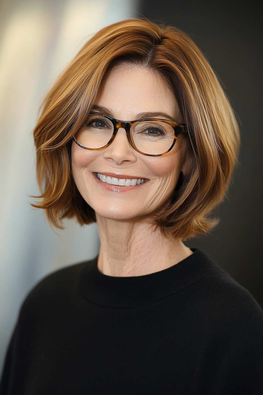 1. Soft Layered Bob in Warm Chestnut (Hairstyles For Women Over 50 With Glasses) - Hairstyles For Women Over 50 With Glasses