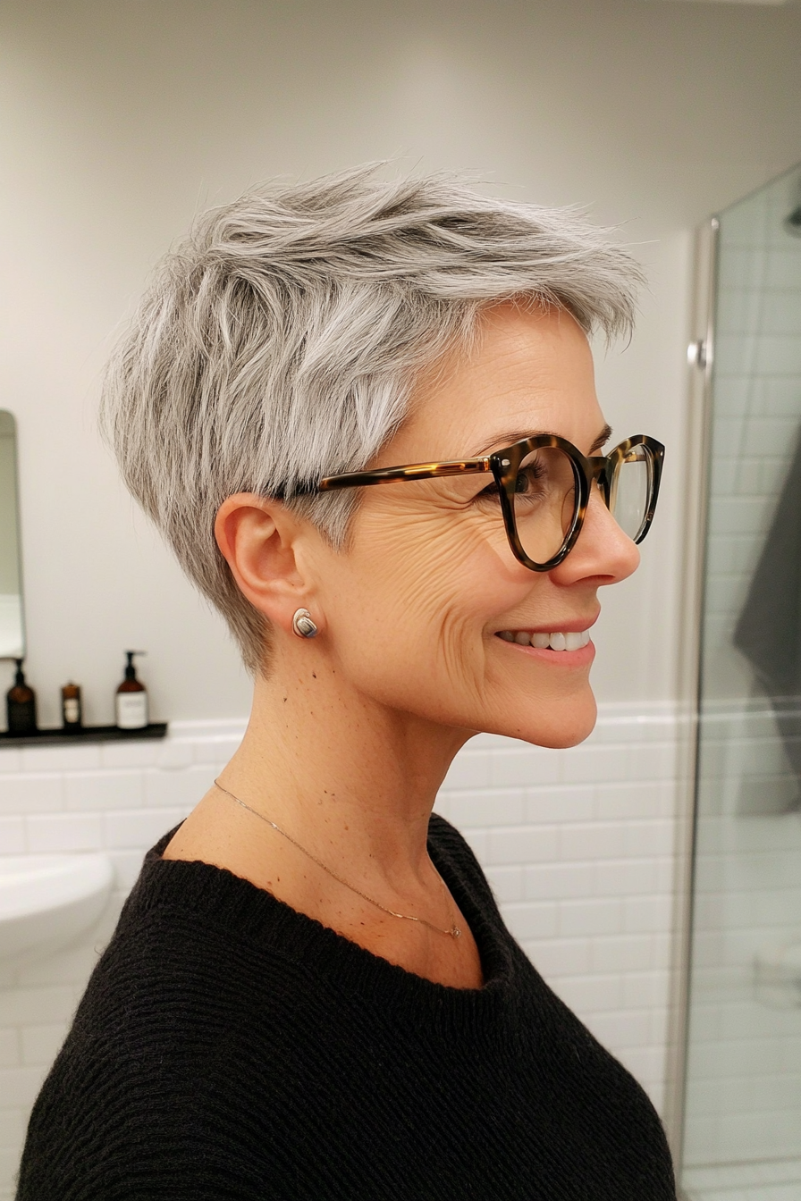 2. Textured Pixie in Natural Salt-and-Pepper (Hairstyles For Women Over 50 With Glasses) - Hairstyles For Women Over 50 With Glasses