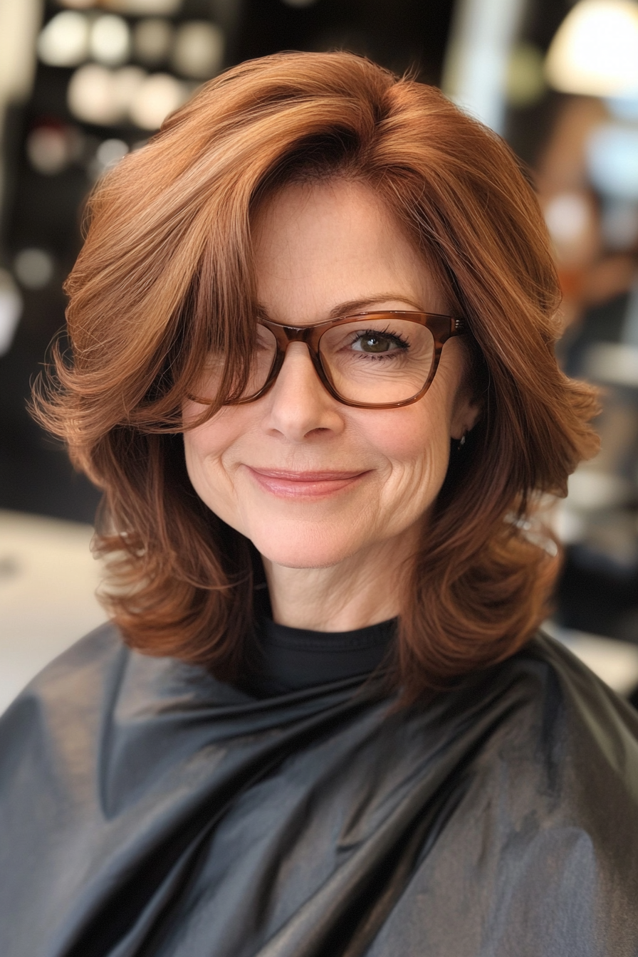 3. Feathered Shoulder-Length Cut in Deep Auburn (Hairstyles For Women Over 50 With Glasses) - Hairstyles For Women Over 50 With Glasses