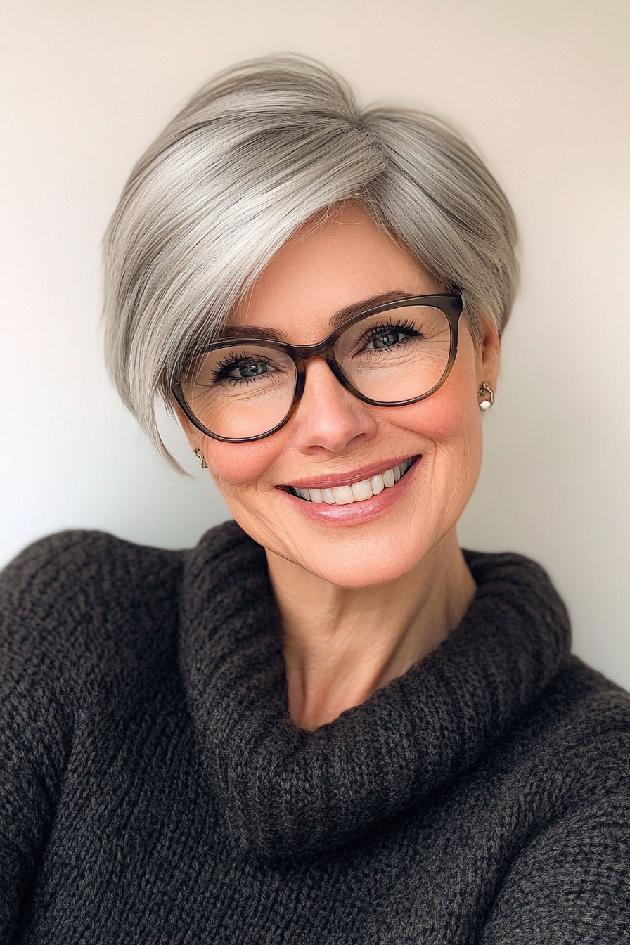 6. Side-Swept Short Cut in Silver Gray (Hairstyles For Women Over 50 With Glasses) - Hairstyles For Women Over 50 With Glasses