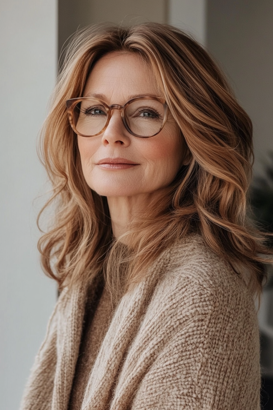 7. Shoulder-Length Waves in Warm Caramel (Hairstyles For Women Over 50 With Glasses) - Hairstyles For Women Over 50 With Glasses