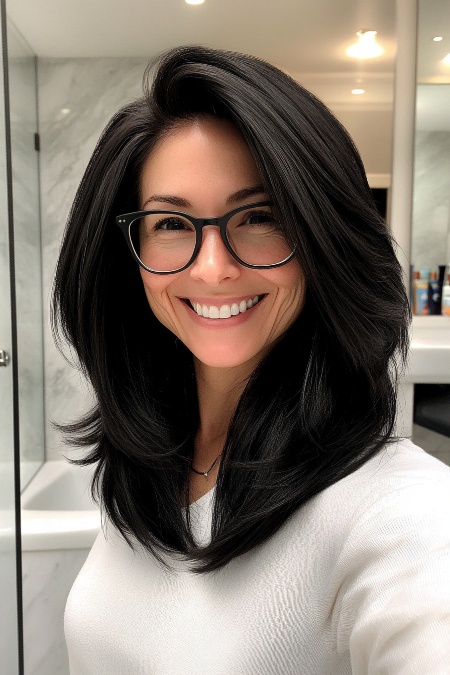 9. Layered Lob in Classic Jet Black (Hairstyles For Women Over 50 With Glasses) - Hairstyles For Women Over 50 With Glasses