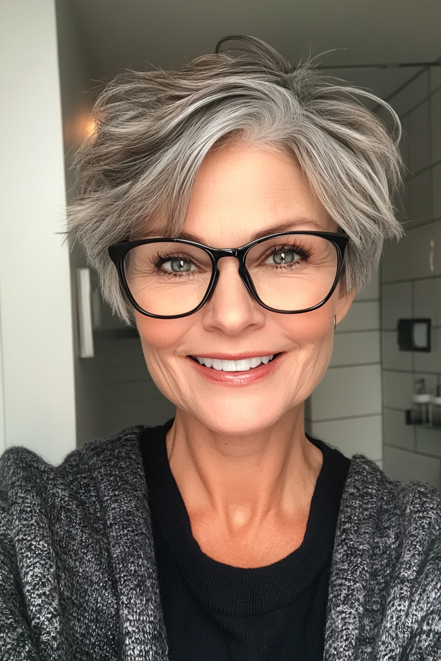 10. Short and Tousled in Soft Gray Blend (Hairstyles For Women Over 50 With Glasses) - Hairstyles For Women Over 50 With Glasses